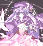  3peso cape crescent glowing hat light long_sleeves looking_at_viewer magic mob_cap outstretched_arm patchouli_knowledge purple_eyes purple_hair solo touhou upper_body white_skin 