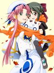  ai_(aria) aria aria_pokoteng autumn_leaves black_hair black_legwear bow brown_eyes capelet child green_eyes hair_bow happy hug leaf long_hair mizunashi_akari multiple_girls orange_scarf pantyhose pink_hair saipaco scarf shared_scarf simple_background sweatdrop 