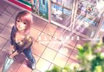  breasts brown_hair convenience_store from_above krenz looking_up medium_breasts original outdoors pavement red_eyes shop solo standing umbrella 