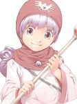  akinbo_(hyouka_fuyou) backpack bag bandana brooch dragon_quest dragon_quest_ii dress gem gen head_scarf holding holding_wand jewelry long_hair long_sleeves looking_at_viewer ornament princess_of_moonbrook rod shirt silver_hair smile solo staff upper_body wand white_dress white_shirt younger 