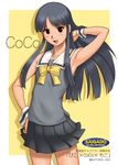  armpits black_eyes black_hair boku_no_pico bow coco_(boku_no_pico) crossdressing hand_on_hip long_hair male_focus open_mouth otoko_no_ko pleated_skirt saigadou school_uniform serafuku skirt sleeveless solo 