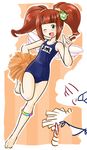  artist_request brown_hair green_eyes idolmaster idolmaster_(classic) idolmaster_live_for_you! name_tag one-piece_swimsuit one_eye_closed pom_poms school_swimsuit solo swimsuit takatsuki_yayoi twintails wings 
