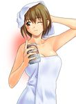  alcohol beer blonde_hair blue_towel breasts brown_eyes brown_hair cleavage large_breasts maria-sama_ga_miteru naked_towel satou_sei smile solo tanaka_shoutarou towel towel_on_head white_towel 