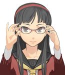  adjusting_eyewear amagi_yukiko bad_id bad_pixiv_id black_hair glasses grey_eyes hairband persona persona_4 ryman solo 