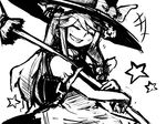  1girl :d ^_^ ^o^ apron broom closed_eyes dress greyscale hat holding kirisame_marisa laughing luft monochrome open_mouth puffy_short_sleeves puffy_sleeves short_sleeves simple_background smile solo star touhou waist_apron white_background witch_hat 