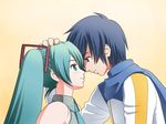  1girl aqua_hair blush couple hatsune_miku hetero kaito long_hair mem vocaloid 