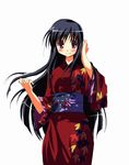  black_hair blush brown_eyes cowboy_shot japanese_clothes leaf_print long_hair long_sleeves looking_at_viewer obi original sado sash solo standing tareme very_long_hair wide_sleeves 