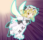  :o black_bow black_neckwear blonde_hair bow bowtie brown_eyes dress drill_hair fairy flying full_body light_smile long_sleeves looking_at_viewer luna_child parted_lips solo speed_lines touhou twin_drills white_dress 