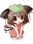  animal_ears bell brown_hair cat_ears cat_tail chen chibi earrings jewelry jingle_bell kneeling lowres ribbon solo tail tail_ribbon touhou 