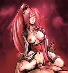  1girl arc_system_works baiken bottomless breasts dante_rain facial_mark girl_on_top guilty_gear long_hair looking_at_viewer lying navel nipples no_bra no_panties on_back open_clothes penis pink_hair ponytail pov pov_eye_contact pussy rough scar sex straddle straddling sword uncensored vaginal very_long_hair weapon 