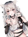  :o animal_ears arm_warmers bandaged_hands bandages bangs bare_shoulders black_choker black_eyes black_ribbon blush bracelet breasts cat_ears choker claw_pose cleavage collarbone crop_top dutch_angle eyebrows_visible_through_hair facial_mark fangs final_fantasy final_fantasy_xiv groin hands_up jewelry large_breasts long_hair looking_at_viewer midriff miqo'te nail_polish open_mouth red_nails ribbon sakura_mochiko sidelocks silver_hair simple_background solo speech_bubble spoken_object upper_body white_background wristband 