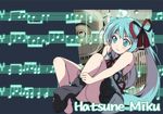  adjusting_clothes adjusting_legwear aqua_eyes aqua_hair hair_ribbon hatsune_miku leizero long_hair multicolored multicolored_eyes musical_note ribbon sitting skirt solo thighhighs very_long_hair vocaloid 