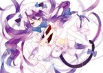  animal_ears ankle_ribbon bad_id bad_pixiv_id bare_shoulders bloomers book bow cat_ears cat_tail detached_sleeves hair_bow hat kemonomimi_mode long_hair looking_at_viewer lying no_shoes on_back patchouli_knowledge puffy_sleeves purple_eyes purple_hair ribbon shimakoma solo tail tail_bow thighhighs touhou underwear very_long_hair white_legwear zettai_ryouiki 