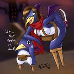  2011 anthro avian beak black_eyes blue_eyes blue_feathers blush breasts brown_hair crossgender disgaea english_text female feral hair knife nipples penguin pherociouseso prinny size_difference sweat text wings 