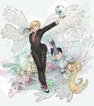  afuro_terumi androgynous bad_id bad_pixiv_id ball bike_shorts blonde_hair dual_persona flower formal highres inazuma_eleven inazuma_eleven_(series) inazuma_eleven_go konbu_wakame long_hair male_focus multiple_boys multiple_wings necktie open_mouth plant ponytail red_eyes rose sash soccer_ball suit telstar tunic upside-down wings zeus_(inazuma_eleven) 