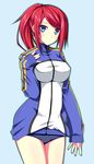  alternate_costume bare_legs blazblue blue_background blue_eyes blush breasts buruma hoshi_(ho4_no) jacket large_breasts long_hair ponytail red_hair simple_background solo track_jacket tsubaki_yayoi 