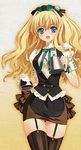  blonde_hair blue_eyes carnelian coffee coffee_pot garter_straps headdress legs long_hair miniskirt open_mouth original personification ribbon skirt solo starbucks striped striped_legwear teapot thigh_gap thighhighs thighs vertical-striped_legwear vertical_stripes waitress zettai_ryouiki 