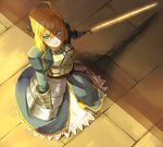  ahoge aqua_eyes armor armored_dress artoria_pendragon_(all) bad_id bad_pixiv_id blonde_hair dress excalibur fate/stay_night fate_(series) faulds from_above gauntlets glowing glowing_sword glowing_weapon hair_ribbon perspective pietani397 ribbon saber shadow solo sword weapon 
