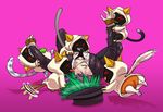  1boy animal_ears arc_system_works bite biting blazblue cat_ears cat_tail fangs green_hair hat hazama male multiple_girls pink_background tail tongue yellow_eyes 