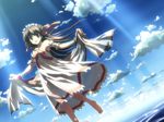  absurdres barefoot blush bracelet braid brown_hair cloud copyright_request day dress green_eyes happy highres image_sample jewelry light_rays long_hair ribbon sky solo sunbeam sunlight wallpaper water yandere_sample yuuki_tatsuya 