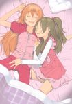  :t akinbo_(hyouka_fuyou) alternate_hairstyle arm_pillow blanket closed_eyes eyelashes hair_down half_updo highres houjou_hibiki lying minamino_kanade multiple_girls precure sleeping suite_precure yuri 