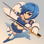  armband aroha_j blue_eyes blue_hair cape dual_wielding dutch_angle gloves holding magical_girl mahou_shoujo_madoka_magica miki_sayaka short_hair solo sword weapon 