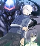  2boys armor bad_id bad_pixiv_id berserker_(fate/zero) child command_spell fate/zero fate_(series) hair_ribbon hood hoodie matou_kariya matou_sakura multiple_boys purple_eyes purple_hair ribbon roten_(rotenburo) short_hair uncle_and_niece white_hair younger 