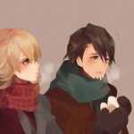  bad_id bad_pixiv_id barnaby_brooks_jr blonde_hair breath brown_eyes brown_hair coat facial_hair glasses green_eyes kaburagi_t_kotetsu lowres male_focus mittens multiple_boys poco24 scarf sneezing stubble tiger_&amp;_bunny wavy_mouth winter_clothes 