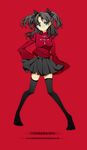  2011 bad_id bad_pixiv_id black_hair black_legwear character_name dated fate/stay_night fate_(series) green_eyes hair_ribbon highres long_legs miniskirt red red_background ribbon simple_background skirt solo sweater thighhighs toosaka_rin two_side_up youmi zettai_ryouiki 