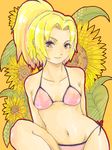  1girl bikini blonde_hair brown_eyes flower fugasi lantern_j long_hair midriff naruto navel ponytail side-tie_bikini smile solo swimsuit tamagokara tegaki tsunade 