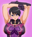  arms_up black_hair blue_eyes breasts cattleya glasses gloves highres large_breasts makani_kohitujito queen&#039;s_blade queen's_blade sideboob smile solo 