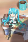  aqua_eyes aqua_hair book boots cup detached_sleeves hatsune_miku highres irudana long_hair minigirl mug nail_polish necktie open_mouth sitting skirt solo thigh_boots thighhighs twintails very_long_hair vocaloid 