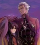  1girl archer bad_id bad_pixiv_id brown_eyes brown_hair ch3507 cloak dark_skin fate/stay_night fate_(series) green_eyes grey_eyes hair_ribbon height_difference highres long_hair ribbon toosaka_rin twintails two_side_up white_hair 