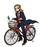  bag basket belt bicycle bicycle_basket blue_jacket blue_pants brown_footwear brown_hair buckle coat collared_shirt formal full_body glasses groceries ground_vehicle hairlocs inazuma_eleven inazuma_eleven_(series) inazuma_eleven_go jacket kidou_yuuto long_sleeves looking_at_viewer male_focus necktie pants primavera_(more) red_neckwear shirt shoes shopping_bag simple_background solo spring_onion standing suit white_background white_shirt 
