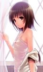  40010prototype bakemonogatari bare_shoulders brown_eyes brown_hair camisole curtains duplicate flat_chest grabbing monogatari_(series) off_shoulder sengoku_nadeko short_hair solo standing undressing window 