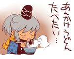  alternate_costume bowl chopsticks closed_eyes eating food grey_hair hat japanese_clothes mononobe_no_futo noodles onikobe_rin ponytail scarf short_hair snot solo tate_eboshi touhou translated 