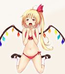  ahoge bikini blonde_hair blue_door blush fang flandre_scarlet hair_ribbon hand_to_own_mouth mary_janes navel no_hat no_headwear open_mouth red_bikini red_eyes ribbon shoes side-tie_bikini side_ponytail sitting socks solo swimsuit tears touhou wariza white_legwear wings 