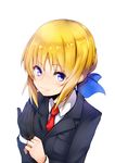  adjusting_clothes adjusting_gloves artoria_pendragon_(all) blonde_hair blue_eyes fate/stay_night fate/zero fate_(series) formal from_above gloves hair_ribbon necktie nuko-d ribbon saber single_glove smile solo suit 