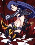  black_gold_saw black_gold_saw_(cosplay) blue_hair cosplay highres idolmaster idolmaster_(classic) jacket king_saw kisaragi_chihaya lyrical_denko midriff nonowa open_clothes open_jacket shorts solo sword unmoving_pattern weapon yellow_eyes 