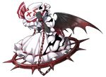  &gt;_&lt; :x bat_wings bow chain closed_eyes commentary cowering cuffs dress full_body hand_on_headwear hat hat_bow lavender_hair mazeran persona remilia_scarlet solo spikes teardrop touhou transparent_background wheel white_dress wings 