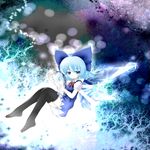  bad_id bad_pixiv_id blue_eyes blue_hair bow cirno cocozasa dress hair_bow harp highres ice ice_wings instrument ribbon short_hair solo thighhighs touhou wings 