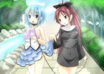  bad_id bad_pixiv_id blue_eyes blue_hair collar fang leash long_hair mahou_shoujo_madoka_magica miki_sayaka multiple_girls ponytail red_hair sakura_kyouko short_hair sicile_gloria skirt skirt_lift 