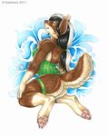  4_toes anthro black_hair bottomless brown_fur butt canine claws clothed clothing dog female fur hair half-dressed hindpaw kashmere kneeling looking_at_viewer looking_back mammal multicolor_fur pawpads paws pinup pose skimpy smile solo tan_fur toe_claws two_tone_fur two_tone_hair white_hair 