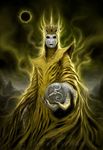  crown cthulhu_mythos empty_eyes h.p._lovecraft hastur lames_ryman looking_at_viewer male mask robes solo yellow yellow_theme 