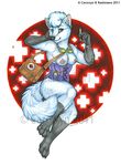  anthro arctic_fox bag bottomless breasts canine carowyn clothed clothing collaboration corset female fox fur half-dressed kashmere looking_at_viewer mammal nipples nurse pinup pose purple_eyes skimpy solo syringe topless watch white_fur 