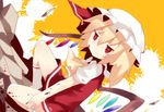 ascot blonde_hair blood flandre_scarlet fuukadia_(narcolepsy) hat one_knee red_eyes side_ponytail solo touhou wings 