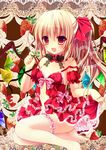  alternate_costume bare_shoulders blonde_hair blush choker flandre_scarlet food fruit kino_(kino_konomi) navel no_hat no_headwear open_mouth red_eyes ribbon short_hair side_ponytail solo strap_slip strawberry thighhighs touhou white_legwear wings wrist_ribbon 