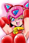  animal_ears animal_helmet armpits arms_behind_head arms_up bell bell_collar blue_eyes blush breasts cat_ears collar elbow_gloves gloves halterneck helmet kyatto_ninden_teyandee large_breasts one_eye_closed open_mouth pururun sideboob solo takeshi_aono 