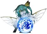  bow cloud daiyousei earth green_hair hair_bow hair_ornament insect_wings long_hair mazeran multicolored multicolored_eyes solo sphere touhou transparent_background wings 