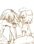  animal_ears bare_legs bunny_ears bunny_tail comforting graphite_(medium) highres inaba_tewi kokutou-kuiuti leg_hug long_hair mixed_media monochrome multiple_girls petting profile reisen_udongein_inaba short_hair sitting sketch smile tail tears touhou traditional_media 